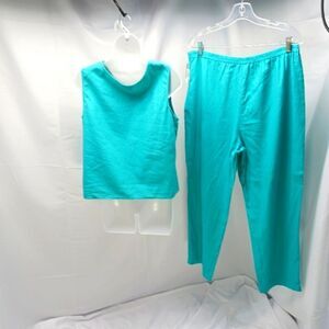 Leslie Fay Vintage 90s 2 Piece Top & Pant Set Linen/Cotton Teal Womans 16P VNTG.